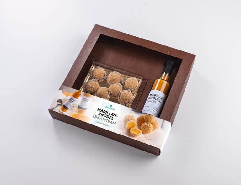 Marillenknödel Pralinen und Likör Geschenkpackung
